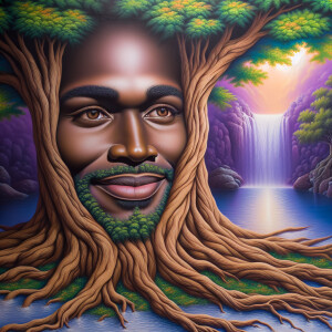 A hyper-realistic 3-D oil painting depicting a tree integrated w...
