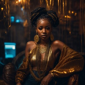 Create an image of an elegant African American woman with long,...