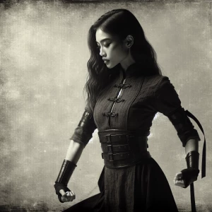 A black-and-white scene of a woman in a Kill Bill-inspired outfi...