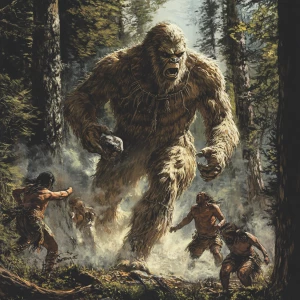 A group American choctaw chase a towering, hair-covered humanoid...