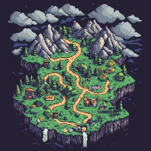 Create a retro-style fantasy map for a pixel art t-shirt design....