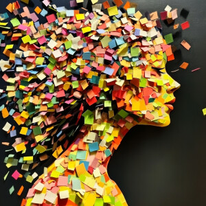 A woman composed entirely of colorful Post-It notes. As the wind...