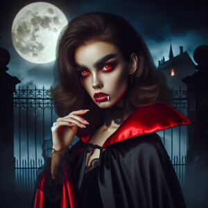 Cara delevingne dressed as Dracula, with a black cape with red s...