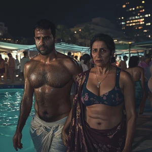 Create a hyperrealistic HD image of a muscular, sweaty man walki...