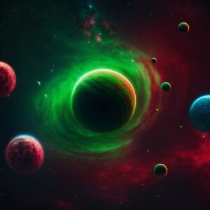 A light and dark Green Gas giant with multiple red and blue moon...