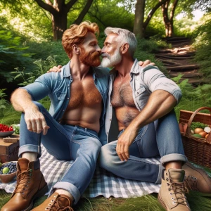 Generate an image depicting two realistic men having a picnic in...