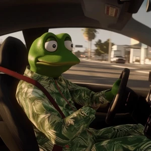 pepe meme in GTA style driving a car