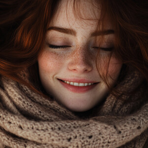 Create a warm cozy picture of a dark redheaded brunette in earth...