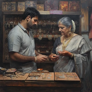 Realistic painting 1:1,A muscular, perspiring man is in a Jaipur...