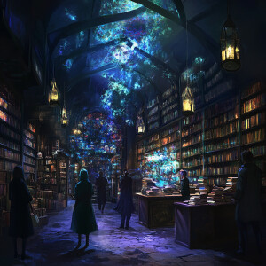 Design an enchanted bookshop interior that transforms at night,...