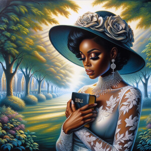 Render an airbrush oil painting of an African American woman with flawless makeup in a
contemplative pose, holding a Bible close to her heart, dressed in an elegant Sunday Best
outfit with a distinctive Church Hat. The background features a peaceful church garden,
with light filtering through the trees, highlighting her spiritual connection and the personal
moment of reflection. The artwork should capture the tranquility of the scene, the beauty
of her attire, and the depth of her contemplation, reflecting a serene and spiritually