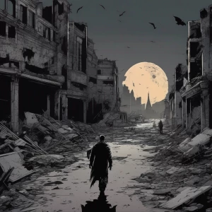 Spawn lone character walking through ruined city at night, enabl...