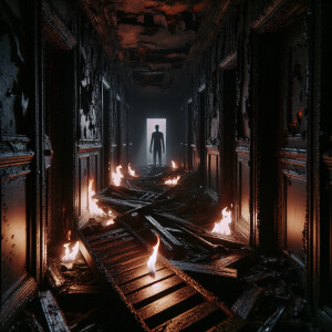 A destroyed hallway from a fire, all black but very eerie. Up cl...