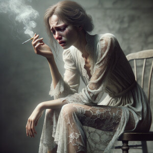 Crying woman in a nightgown siting on her chair smoking a cigarette .