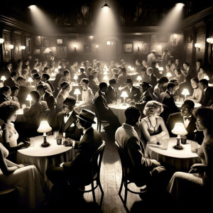 Roaring 1920's cotton club jazz juke joint in Harlem, couples si...