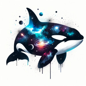 Cosmic watercolor filled animal silhouette on a blank white back...