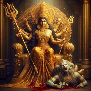 portrait of angry looking goddess durga sitting on a gold crown and carrying a weak mahishasur on her lap and stabbing him with her amazingly designed trident. She is wearing gold armor, a huge gold crown, gold saree, abundant  gold jewelry, covered in blood. The scene is set in ancient India. The image is 8K resolution, cinematic, ultra detailed face and epic.