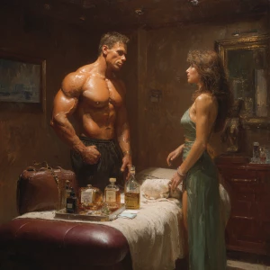 Hyperrealistic art,. a muscular Russian man in his beach hotel r...
