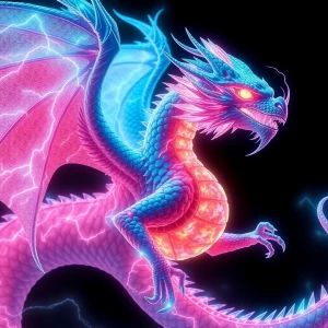 Generate an image of a dragon featuring neon lightning motifs wi...