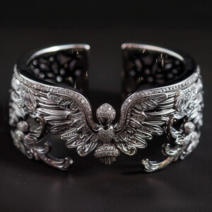 Elegant cuff bracelet featuring angel motifs and shimmering diam...