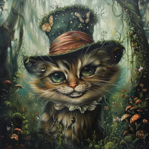 A mischievously grinning Cheshire cat, its enigmatic smile seemi...