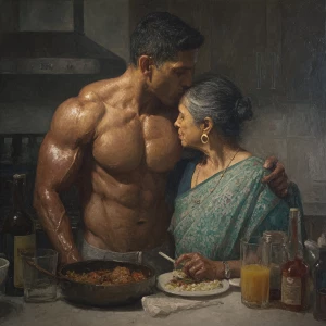 Hyperrealistic painting.a muscular sweaty indian man standing...
