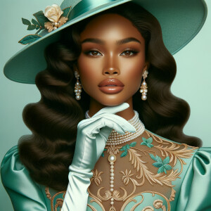 Imagine a portrait of a light-skinned African-American woman with distinct Hawaiian features. She has a serene and regal expression, with full lips and high cheekbones, exuding elegance. Her hair is styled in loose waves that cascade down her shoulders. She wears a lavish mint green gown with intricate golden embroidery, reminiscent of traditional Hawaiian patterns, adding a touch of regal heritage. A sophisticated, wide-brimmed hat in matching mint green adorns her head, accented with a tasteful ribbon. The woman is accessorized with elegant pearl earrings and a matching necklace, highlighting her refined taste. She poses gracefully with one hand delicately touching her chin, showcasing long, white satin gloves that reach past her elbows, completing this harmonious blend of Hawaiian allure and timeless sophistication.