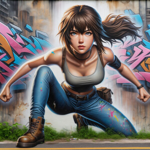 teenage girl, long brown hair and bangs, wearing tight skinny jeans and a halter top paint marks on her clothing, heroic pose Asian graffiti background, nearing on one knee