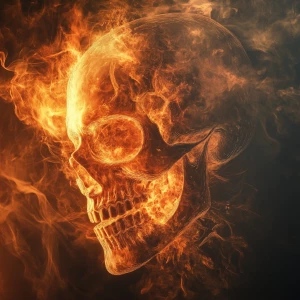 A  skull face emerging from a flame, half alive and half burning...