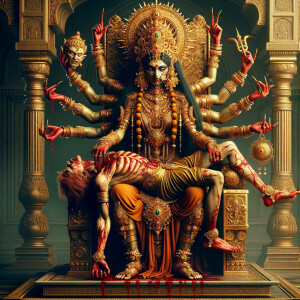 portrait of intense looking, four-armed indian goddess  sitting on a gold crown and carrying a weak mahishasur on her lap and poking his abdomen with her amazingly long red fingernails . She is wearing gold armor, a huge gold crown, gold saree, abundant  gold jewelry, covered in blood. The scene is set in ancient India. The image is 8K resolution, cinematic, photography, ultra detailed face and epic.