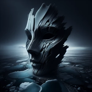 Macro photography. A cracked iceberg forms a Anonymous mask in a...