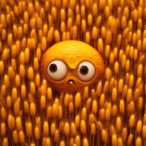 cute cartoon wheat, ear of wheat with big cute eyes eyes in 3d s...
