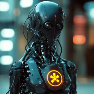 Cyberpunk robot with biohazard symbol