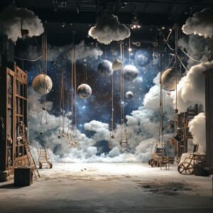 A set design featuring clouds and stars and planets. You can see...