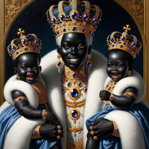 Imagine a regal portrait of an African American king with a warm and inviting smile, adorned in a majestic white and gold-trimmed robe, embellished with sapphire, blue  sapphire, jewels. His head is crowned with a stately gold crown, studded with matching jewels. He is holding two young princesses, one in each arm, who are his spitting image, with joyful expressions and wearing blue and gold dresses that complement his attire, complete with mini crowns and fluffy white fur at the collars and wrists. They are all in front of a luxurious backdrop, suggesting a palatial setting.