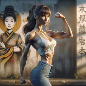 Athletic Thin skinny Attractive, Asian teenage girl, long brown hair and bangs, wearing tight skinny jeans and a halter top paint marks on her clothing, heroic pose Asian graffiti background, side view