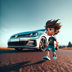 Volkswagen golf gti and cartoon boy in swiftshot near the hood