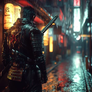 Dramatic splash art. A lone cyberpunk samurai stands defiantly i...