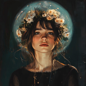 Cottagecore + a muse + head-on portrait + with a soft, glowing s...