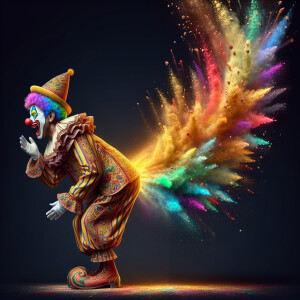 Create a photorealistic image of a circus clown bent slightly ov...