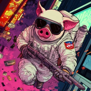 Cute cartoon pig in vintage white spacesuit and NASA style helme...