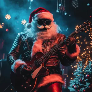 Evil santa Claus dressed in classic rock 'n' roll style, complet...