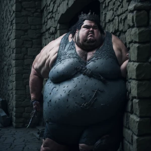 A chubby king urinates off of a castle wall.