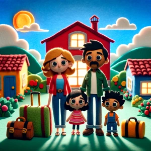 Create a 2D felt-style stop-motion animation featuring a family...