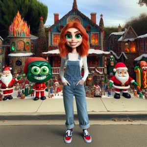 Photorealistic  photo . Whimsical Christmas scene A happy woman...