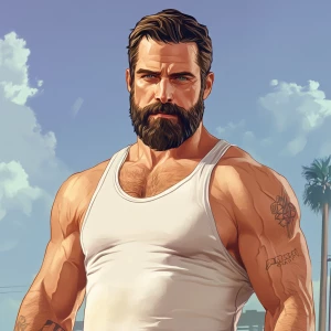 White muscular thin man with beard, big chin, smile and cheekbon...