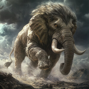 Generate an image of a formidable Elephlion, a hybrid creature w...