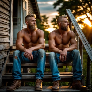 A sun-drenched twilight scene unfolds as a rugged duo, their sun...