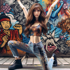 teenage girl, long brown hair and bangs, wearing tight skinny je...