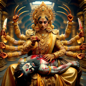 portrait of angry looking, four-armed indian goddess sitting on...